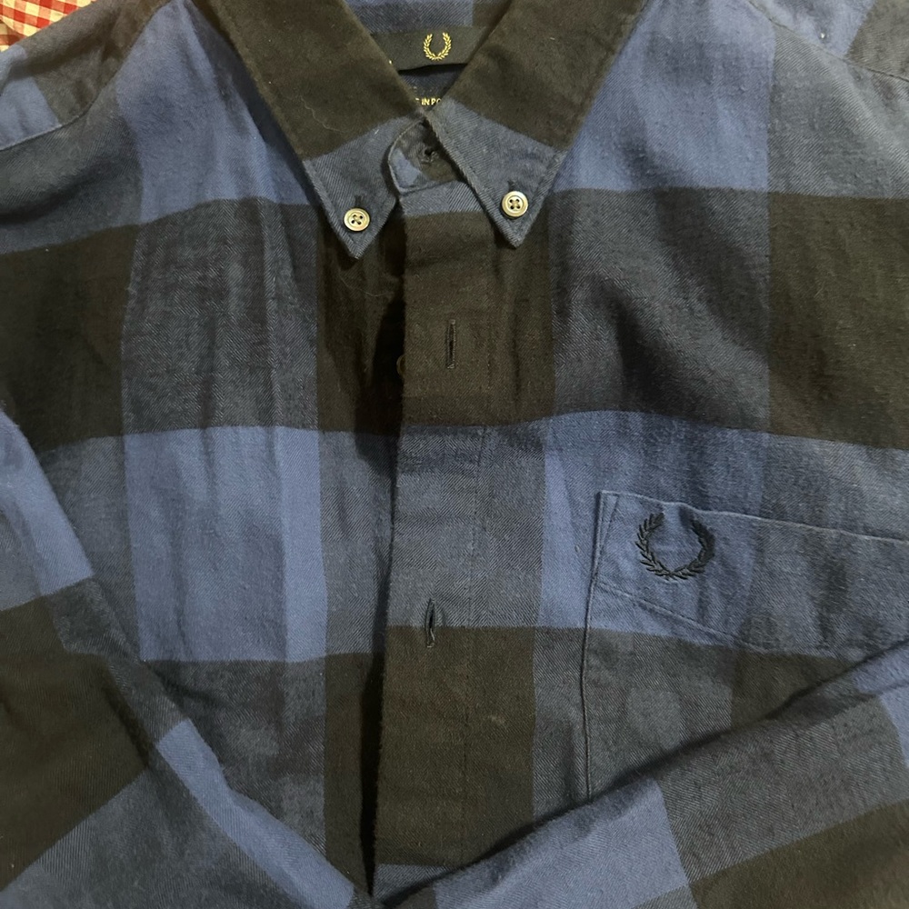 Fred Perry Men's Navy and Black Plaid Shirt